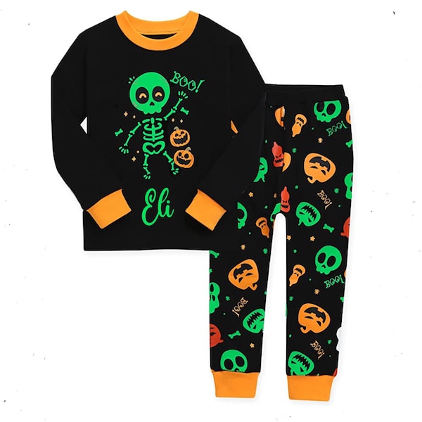 KIDS Glow in the Dark Halloween Pajama Skeleton Pajamas Kids Personalized Pumpkin Outfit Kids Glowing Name and Skull Pajama Set Halloween