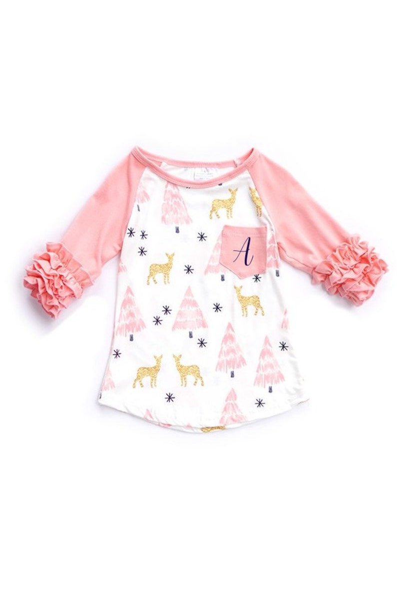 GIRLS PERSONALIZED Ruffle Long Sleeve|Custom Text Initial Shirt|Deer and Tree Shirt|Customized Long Sleeved Pocket Ruffle Tee|Pink Ruffle