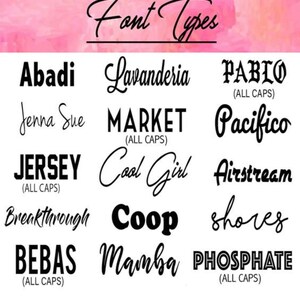 May include: A graphic image showcasing different font types, including Abadi, Lavanderia, PABIO (ALL CAPS), Jenna Sue, MARKET (ALL CAPS), Pacifico, JERSEY (ALL CAPS), Cool Girl, Airstream, Breakthrough, Coop, shores, BEBAS (ALL CAPS), Mamba, and PHOSPHATE (ALL CAPS).