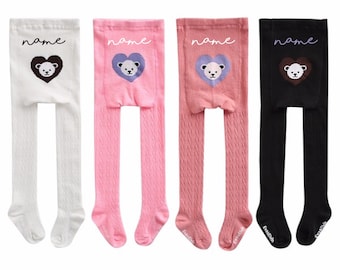 Baby Personalized Bear Knit Leggings Custom Text Youth Girls LEGGINGS Heart Stretchy Breathable Leggings Elastic Ribbed Waist Valentines