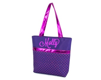 Personalized Tote Bag with Sequin Detailing Custom Text Dance Bag Zipper Closure Ballet Bag Girls Bag w/ Metallic shoulder strap Quilted Bag
