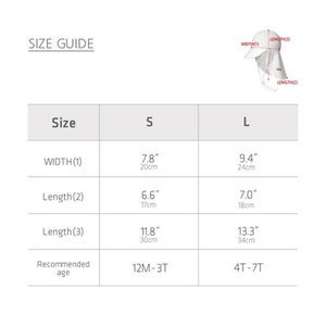 May include: Size guide for a sun hat with measurements in inches and centimeters. The hat is available in two sizes: S (12M-3T) and L (4T-7T).