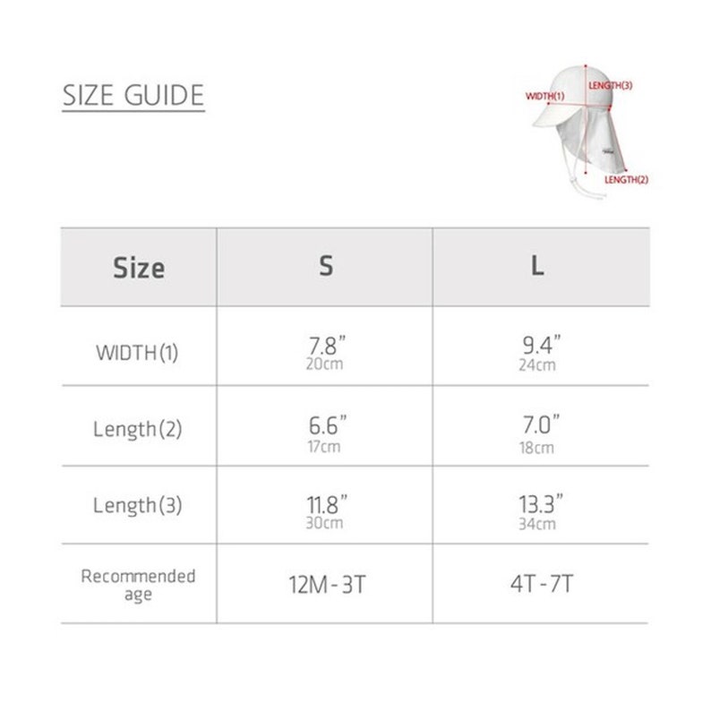 May include: Size guide for a sun hat with measurements in inches and centimeters. The hat is available in two sizes: S (12M-3T) and L (4T-7T).