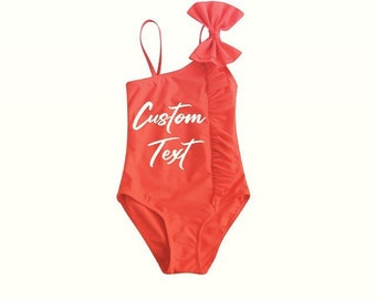 Girls CUSTOM Ruffle Swim Suit Coral Orange Ruffle Bow Swimwear Coral Toddler Bathing Suit Personalized Bathing Suit Custom Ruffle Swimsuit
