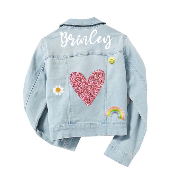 KIDS Valentine's Custom Embroidered DENIM jacket Patch and Pins Personalized Button-up Denim Jacket Kids Patch and Glitter Heart Jean jacket