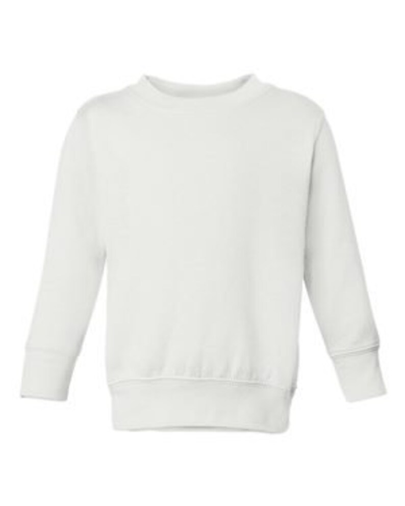 May include: White long-sleeved sweatshirt with a crew neck.
