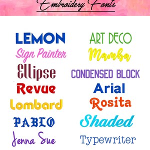 K&ouml;nnte beinhalten: Ein grafisches Bild, das eine Auswahl an Stick-Schriften zeigt, darunter Lemon, Sign Painter, Ellipse, Revue, Lombard, PABLO, Jenna Sue, Art Deco, Mamba, Condensed Block, Arial, Rosita, Shaded und Typewriter.