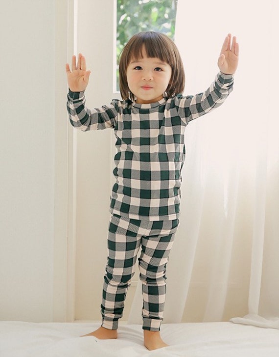 Kids Customized Green Check Pajamas Personalized Green Gingham Pajama  Children Green Plaid PJ Custom Text Plaid Christmas Pajamas Santa 