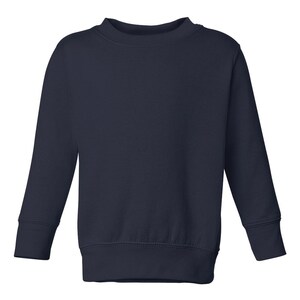 May include: A navy blue long-sleeved sweatshirt with a crew neck.
