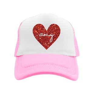 Personalized Kids Glitter Heart Trucker Hat Glitter Heart Hat Childrens Custom Gift Idea Name in Glitter heart cap Mesh back foam front hat