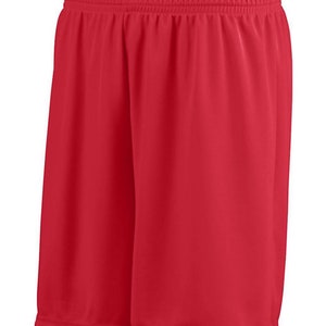 May include: Red athletic shorts made of a lightweight, breathable fabric. The shorts have a simple design with no pockets or embellishments.