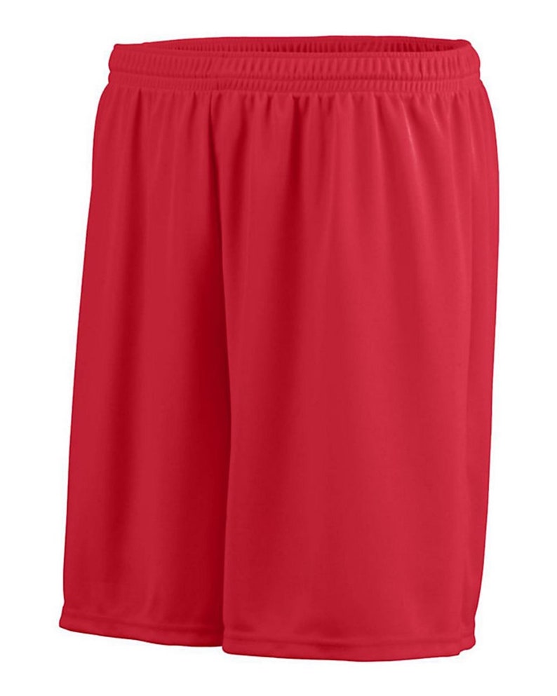 May include: Red athletic shorts made of a lightweight, breathable fabric. The shorts have a simple design with no pockets or embellishments.