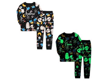 KIDS Glow in the Dark Halloween Pajama Skeleton Pajamas Kids Personalized Zombie Hand Outfit Kids Glowing Name Pajama Set Tarot Card Ghost