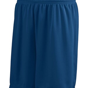 May include: A pair of blue athletic shorts made of a smooth, lightweight fabric. The shorts have a simple design with no pockets or embellishments.
