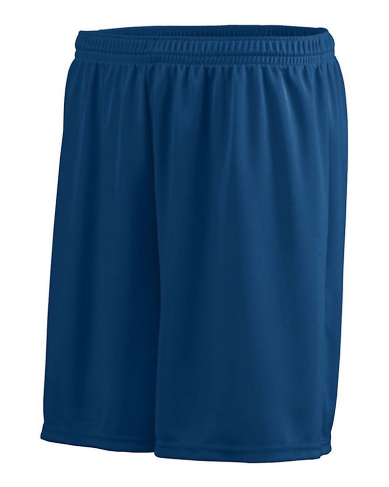 May include: A pair of blue athletic shorts made of a smooth, lightweight fabric. The shorts have a simple design with no pockets or embellishments.
