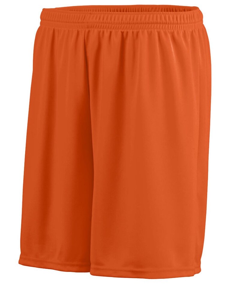 May include: Orange athletic shorts made of a lightweight, breathable fabric. The shorts have an elastic waistband and a relaxed fit.