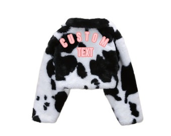 Veste courte en peluche imprimée vache avec texte personnalisé pour filles Manteau cow-girl personnalisé Vêtements d'extérieur pour tout-petits Veste courte Holstein noir et blanc en fausse fourrure