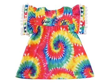 Mini robe tie-dye personnalisée arc-en-ciel pour petite fille avec manche à pompons