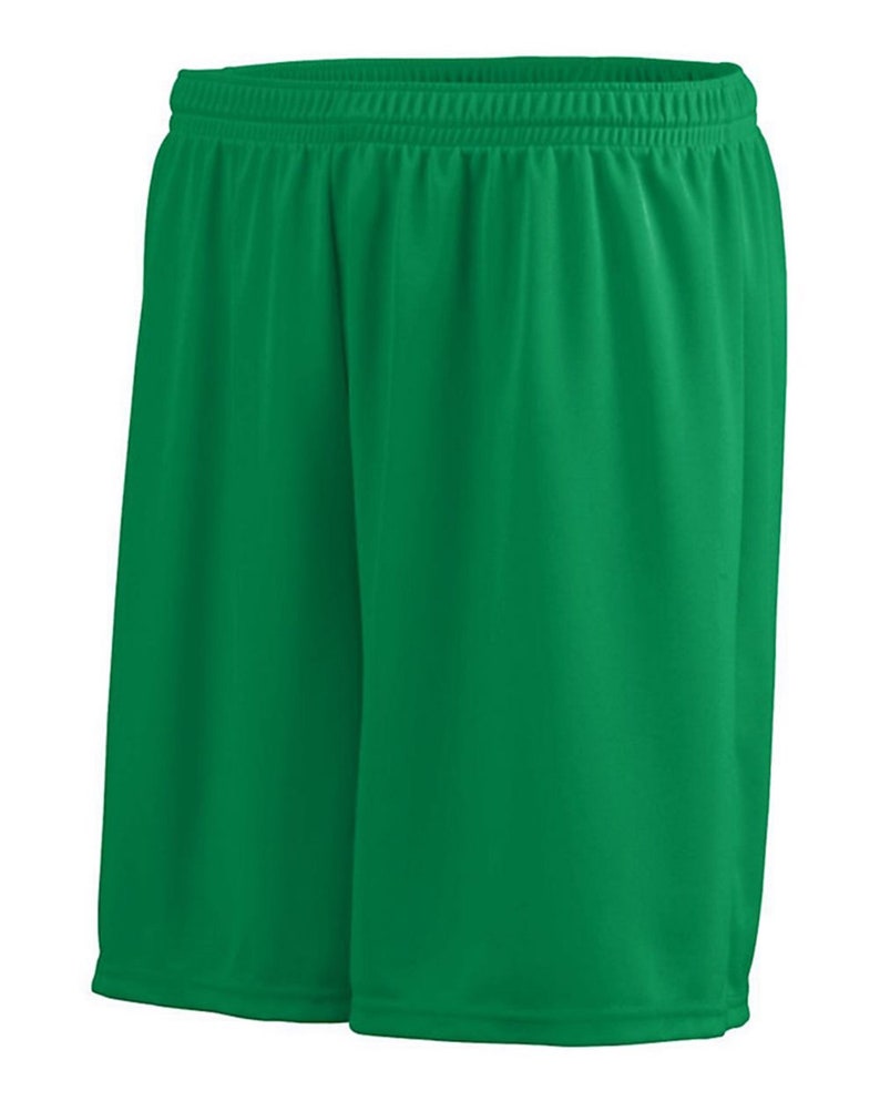 May include: Green athletic shorts made of a lightweight, breathable fabric. The shorts have an elastic waistband and a relaxed fit.