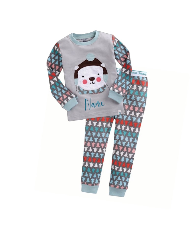 KIDS Personalized Polar Bear Pajamas|Bear and Tree Christmas Eve Pajama|Kids CUSTOM Text PJs|Personalized Name Pajama Set|Monogram Pajamas