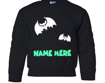 KIDS GLOW in the Dark Halloween Shirt  Custom HALLOWEEN Bat Crewneck Halloween Sweater Bats Name Sweatshirt  Youth Glow In The Dark Sweater