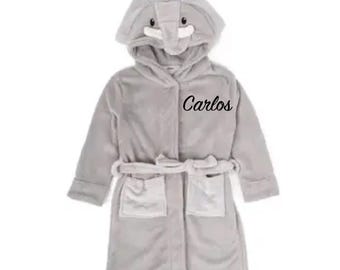 KIDS Personalized Embroidered Elephant Robe Children's Monogram Robe Youth bathrobe EMBROIDERY Name Spa Day Fleece Hooded Gray Robe Toddler