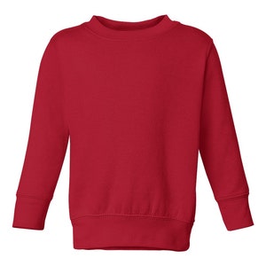 May include: A red long-sleeved sweatshirt with a crew neck.