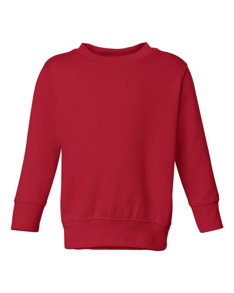 May include: A red long-sleeved sweatshirt with a crew neck.