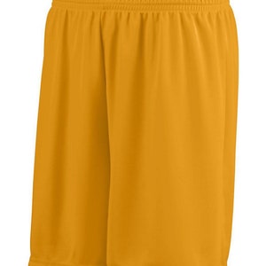 May include: Gold athletic shorts with a drawstring waistband.