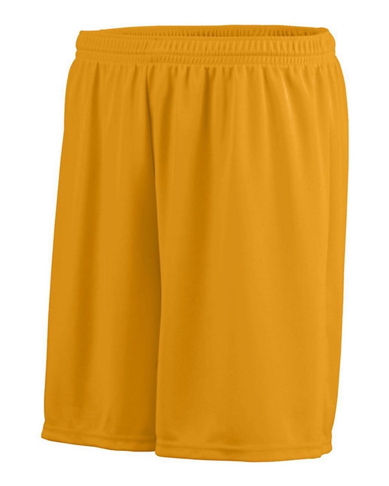 May include: Gold athletic shorts with a drawstring waistband.