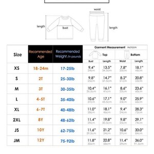 May include: Size chart for children's clothing with recommended age and weight in pounds, and garment measurements in inches and centimeters. The chart includes sizes XS, S, M, L, XL, 2XL, JS, and JM.
