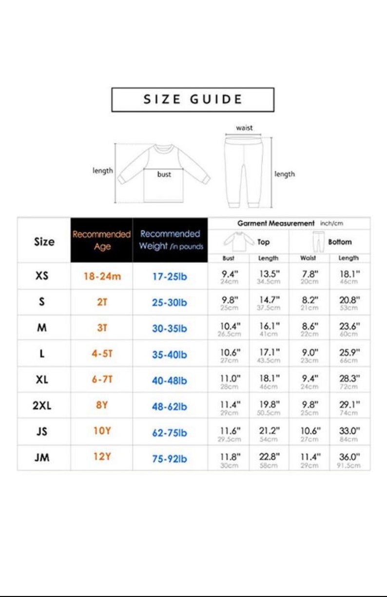 May include: Size chart for children's clothing with recommended age and weight in pounds, and garment measurements in inches and centimeters. The chart includes sizes XS, S, M, L, XL, 2XL, JS, and JM.