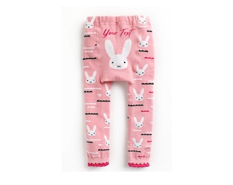 Personalized Easter Bunny Leggings Custom Text Baby Girls LEGGINGS Pink Rabbit Pattern Tights Stretchy Girls Leggings Elastic Ribbed Waist