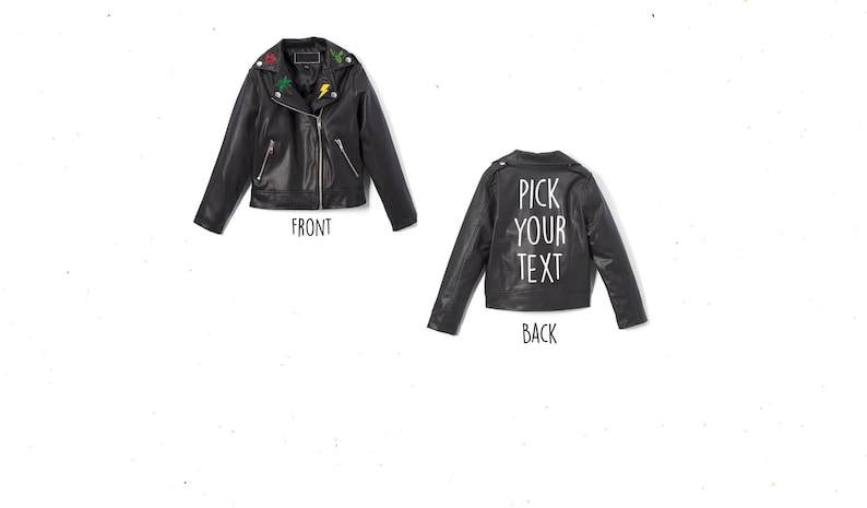 Kids Custom Text Moto Jacket Black Zip Up Faux Leather With Patches Personalized Patch And Name Motorcycle Customized