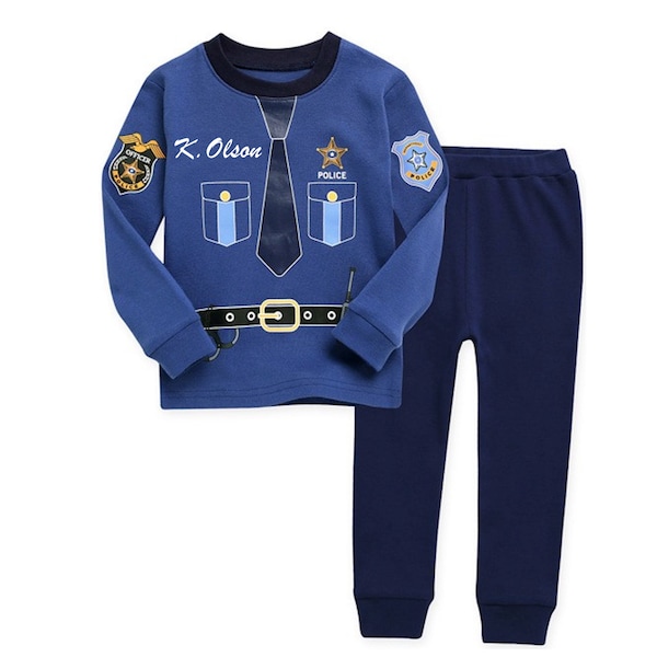 Kids Personalized Police Pajama Youth Police Officer Uniform Childrens Cop Pajama Custom Text Toddler Cop Outfit Dress-Up Halloween Costume