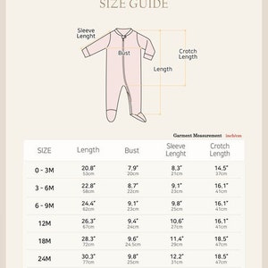 May include: Size chart for baby clothes in inches and centimeters. The chart shows the size, length, bust, sleeve length, and crotch length for sizes 0-3M, 3-6M, 6-9M, 12M, 18M, 24M, and 2T.