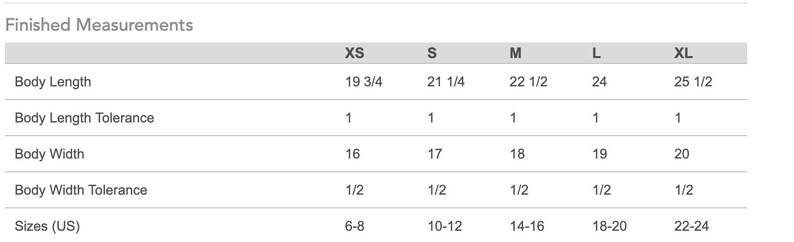 May include: Chart showing finished measurements for a garment in inches. The chart includes sizes XS, S, M, L, and XL, with corresponding measurements for body length, body length tolerance, body width, body width tolerance, and US sizes.