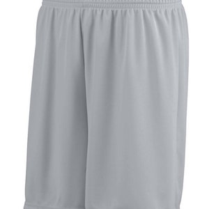 May include: A pair of gray athletic shorts made of a lightweight, breathable fabric. The shorts have a simple design with a drawstring waistband and a relaxed fit.