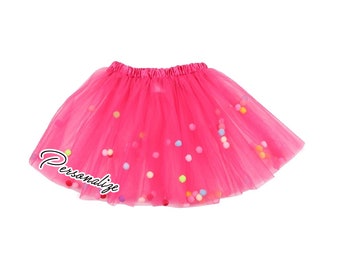 Niñas personalizado rosa caliente Pom Pom Tutu texto personalizado multicolor suave Pom falda tul tutú vestir bailarina ballet cumpleaños niña vestido