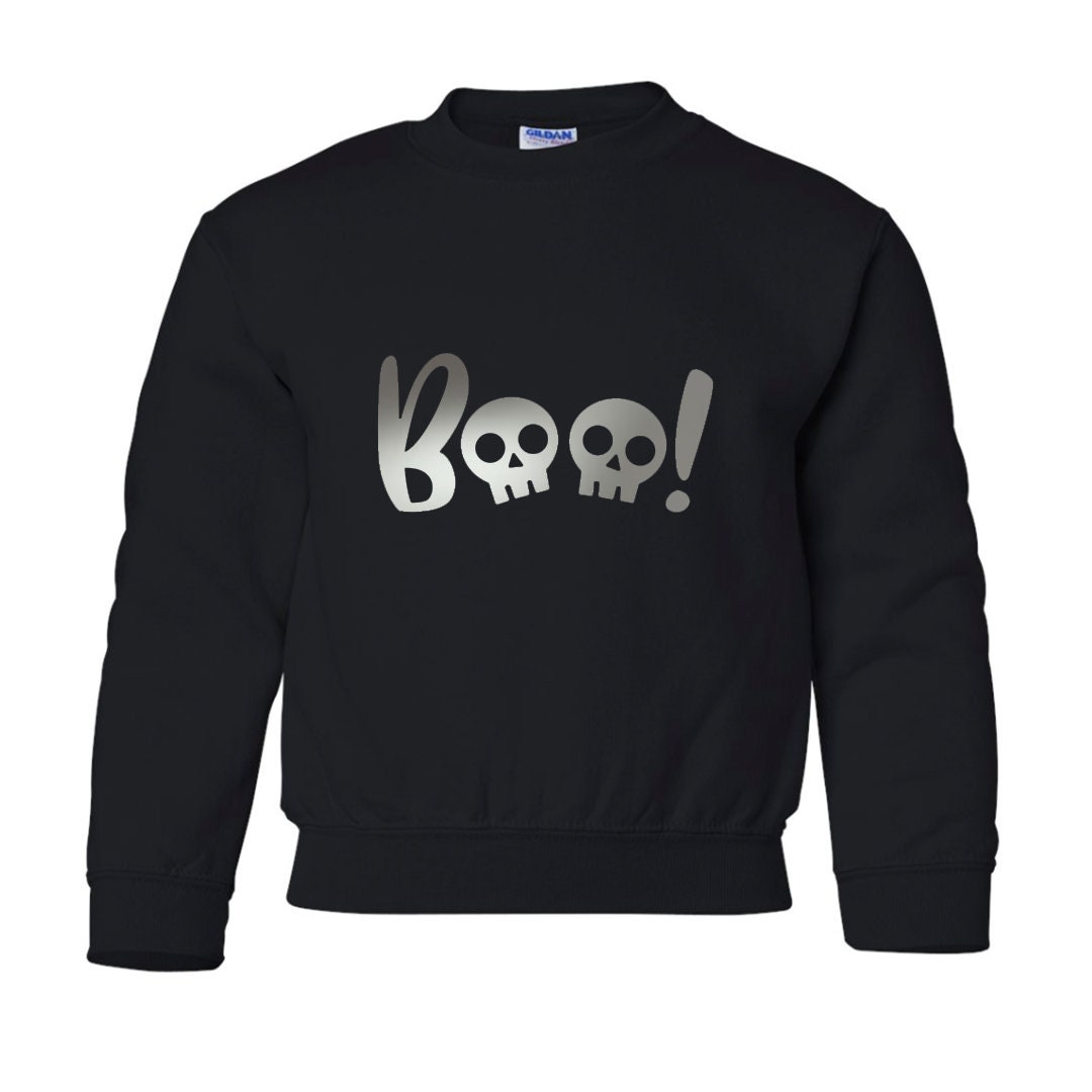 Discover KIDS Halloween Boo Sweater Boo Skull Sweatshirt Childrens Halloween Shirt Metallic Boo Crewneck Youth Skull Crewneck Metallic Lettering