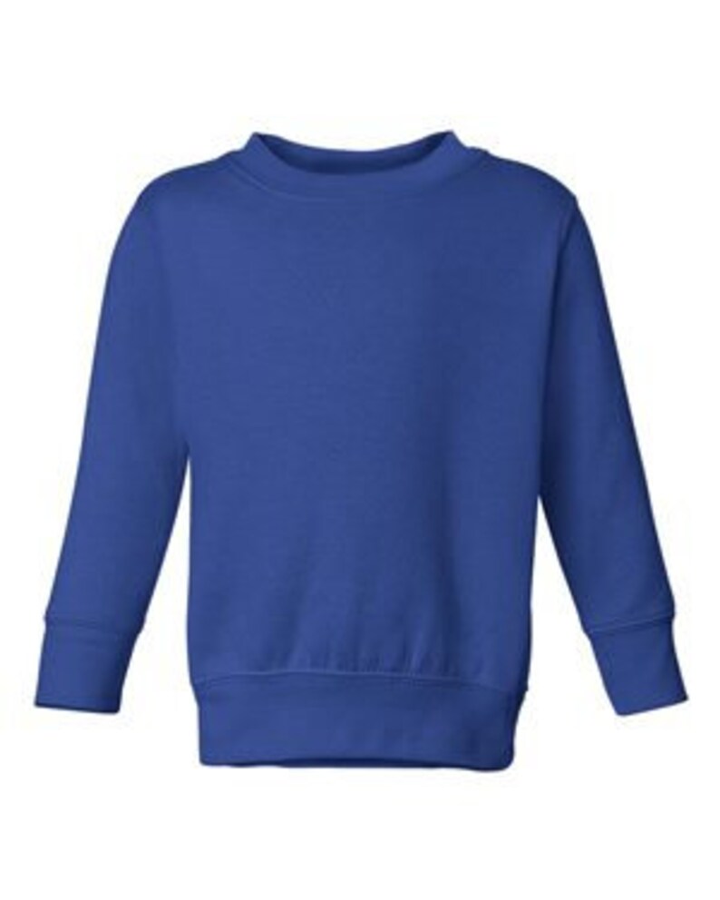 May include: A royal blue long-sleeved sweatshirt for kids.