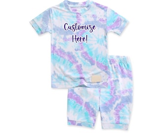 Kinder Personalisierte Batiken Pyjamas Benutzerdefinierte Text Regenbogen Tie Dye Kurzer Pyjama Kleinkind Pyjamas Buntes Batiken Große Kinder Pyjamas Tie Dye Pyjamas