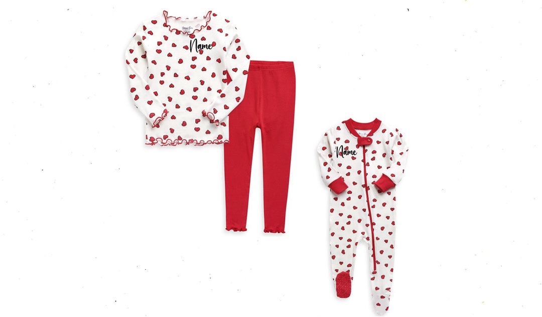 Kids Personalized Red Heart Pajamas Custom Text Red Pajamas Toddler