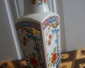 Beautiful Porcelain Imari Ware Japan Vase Gold Rim Blue Bamboo Lovely Flowers Gold Branches Bright White Marked Blue and Red