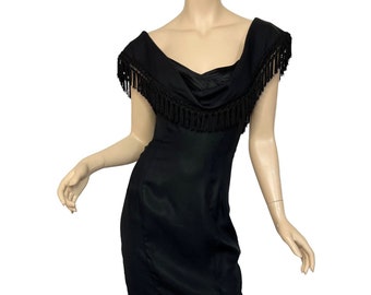 Vintage 90s Soma Formal Cocktail Dress Black Off The Shoulder Fringe Evening Size 8