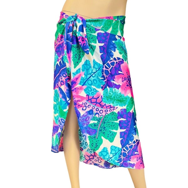 Sarong Wrap Skirt Swimsuit Coverup Tropical Print Tie Waist by Gabar One Size Vintage 80s