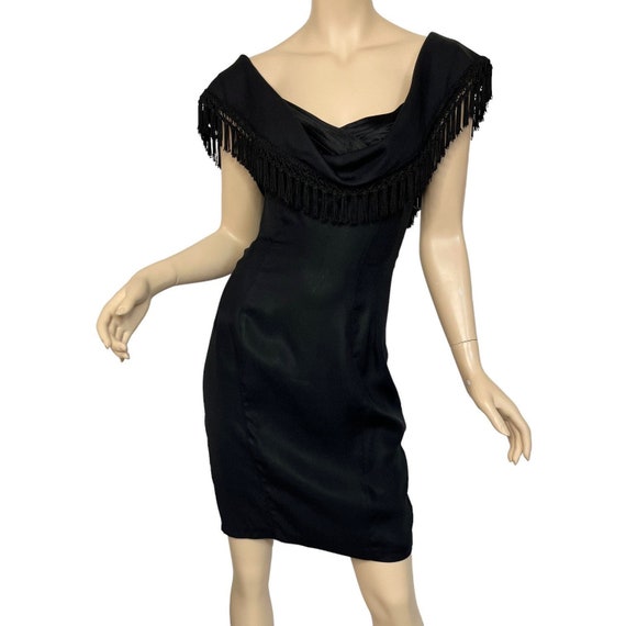 Vintage 90s Soma Formal Cocktail Dress Black off the Shoulder Fringe  Evening Size 8 