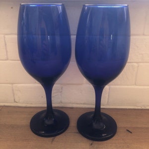 Mexican Blown Glass Wine Goblets Cobalt Blue Water Glasses Set of 2 8”