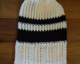 Hand Knit Men's Hat with Black & White Contrast