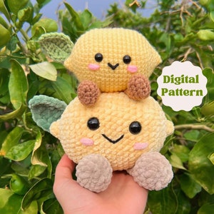 May include: Two crocheted lemon-shaped plushies, one on top of the other. The top lemon has green leaves and a smiling face with pink cheeks. The bottom lemon has brown feet and a smiling face with pink cheeks. The plushies are held in a hand against a green leafy background.